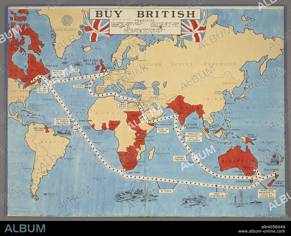 'Buy British' a board game involving trade within the British Empire. A new map game. Buy British. An exciting world race, and one which will teach the players Trade within the Empire. London : Geographia, [1932]. Source: Maps 162.p.6. Language: English.