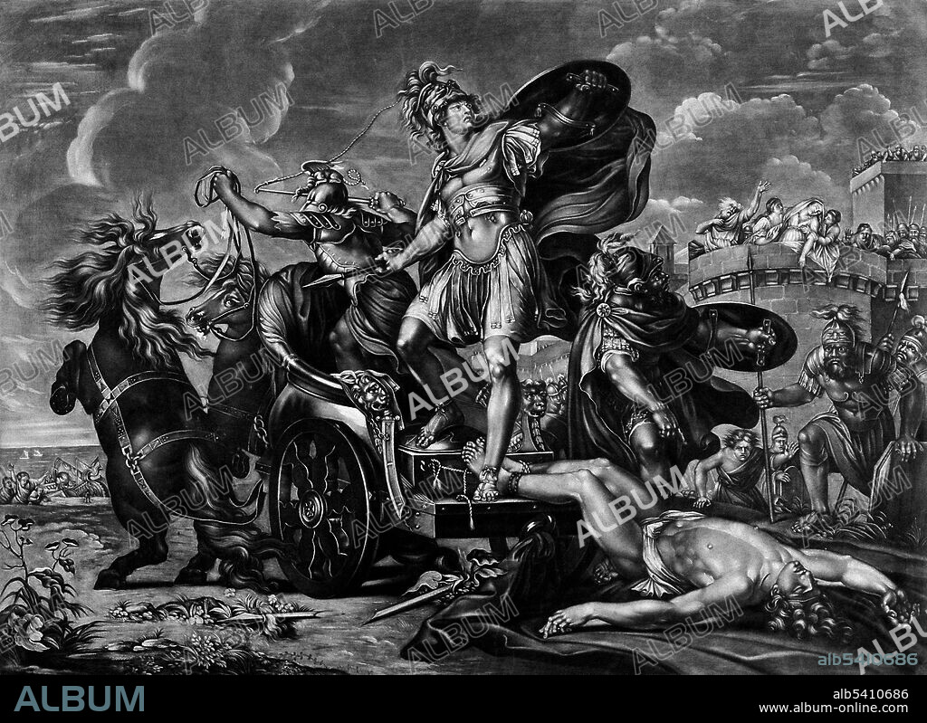 Achilles dragging the body of Hector around Troy. In Greek mythology, Achilles was a Greek hero of the Trojan War, the central character and the greatest warrior of Homer's Iliad. Legends state that Achilles was invulnerable in all of his body except for his heel. He died because of a small wound on his heel, thus the term Achilles' heel has come to mean a person's principal weakness.  Hector was a Trojan prince and the greatest fighter for Troy. Achilles defeated Hector in combat, he then slit Hector's heels and passed the girdle that Ajax had given Hector through the slits. He then fastened the girdle to his chariot and drove his fallen enemy through the dust to his camp. For the next twelve days, Achilles mistreated the body, but it remained preserved from all injury by Apollo and Aphrodite. Mezzotint after G. Hamilton, 1794.