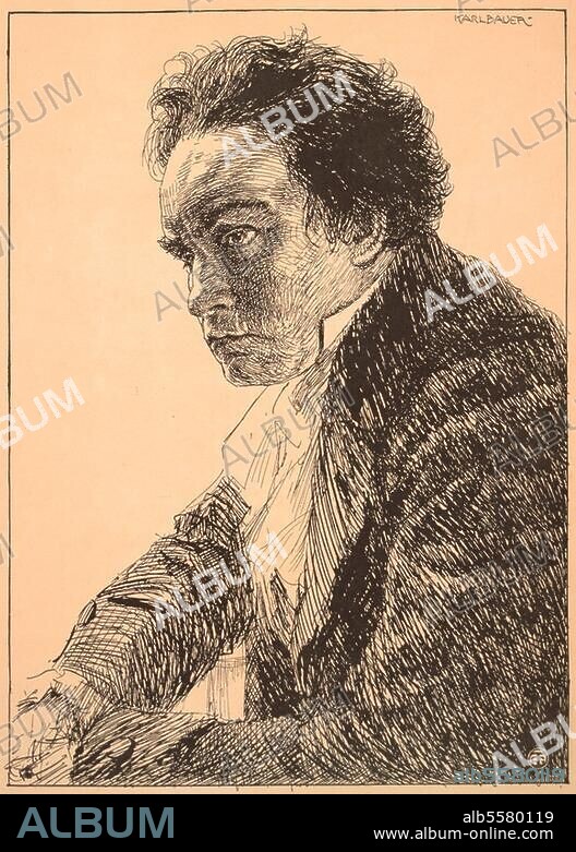 Beethoven, Ludwig van, 1770-1827, German composer. Portrait of Beethoven. Drawing, c.1900, by Karl Bauer (1868-1942) after contemporary portraits.
