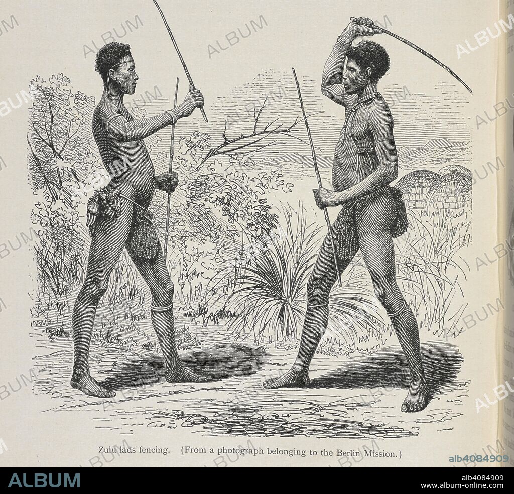 FRIEDRICH RATZELL. Zulu lads fencing. The history of mankind / Trans from the second German edited by A. J. Butler. v. 3, 1898. [S.l.] : Macmillan, 1896-1898. Source: 572*3343* vol II, f.422 detail. Language: English.