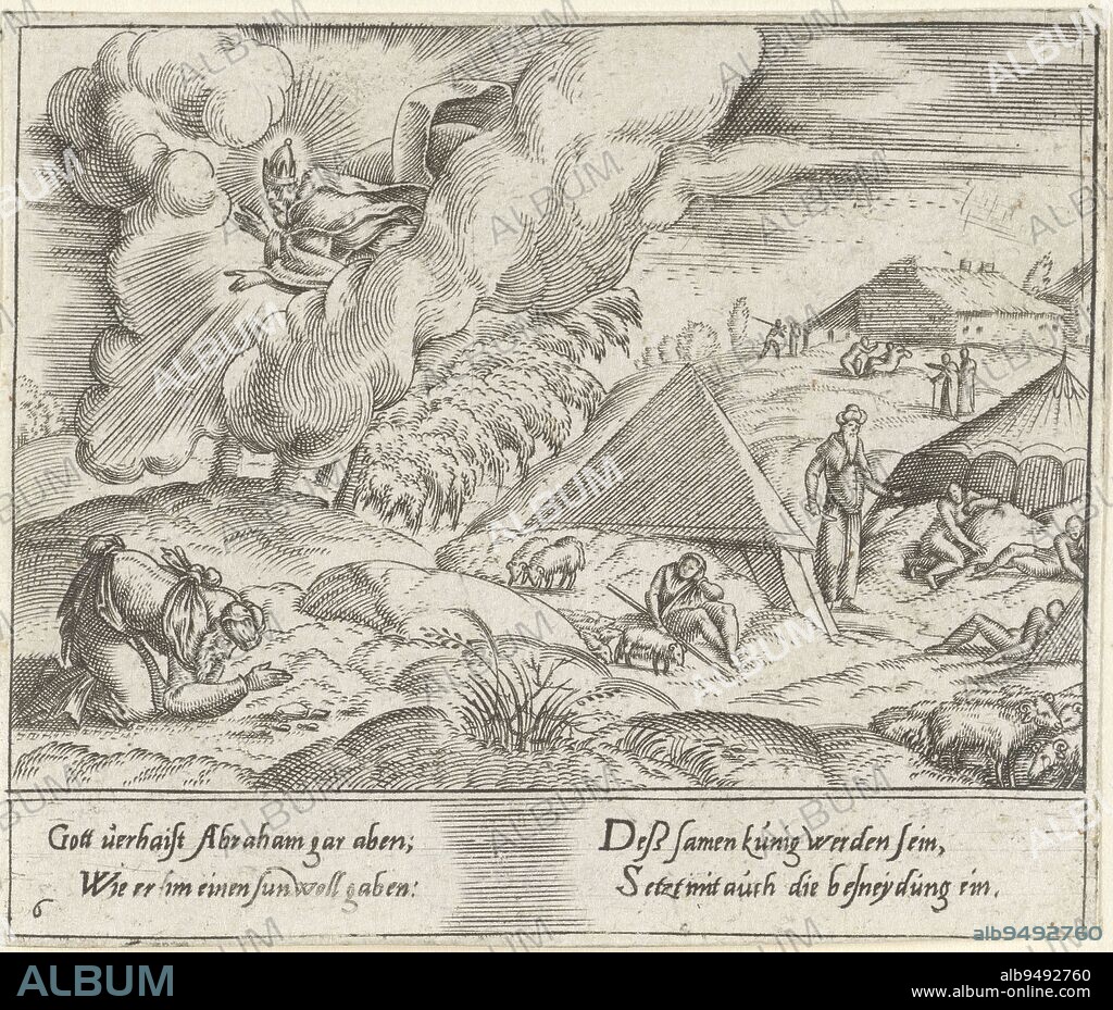 Abraham bows before God on the ground. God promises Abraham and son and many descendants. Print from a series of 12 prints depicting the life of Abraham. All prints have four lines of German explanatory text in the lower margin., God promises Abraham a son The life of Abraham (series title), print maker: Cornelis Bos, Groningen, 1555, paper, engraving, h 70 mm × w 84 mm.