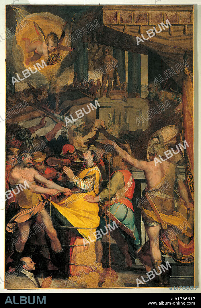 The Martyrdom of St Lucia, by Giorgio Picchi, 1550-1599 about, 16th Century,. Italy, Marche, Pesaro Urbino, Urbania, Morti Church. All. Martyrdom St Lucy martyr torturers tormenters executioners torture ropes men crowd canopy pedestal base plinth columns angel golden light floral crown crown of flowers yellow red green semidarkness half length figure profile man joined hands prayer, client.