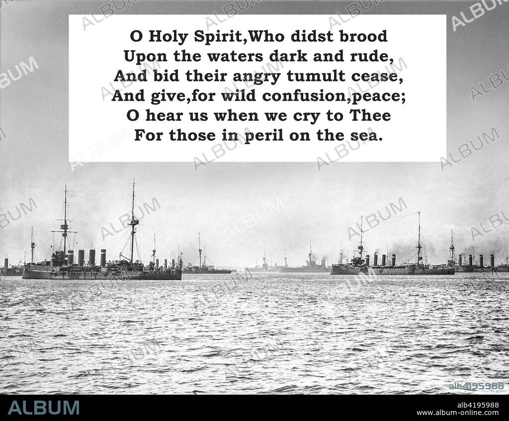 Lyrics to the Navy hymn 'Eternal Father, Strong to Save' with a background of ships on the ocean.