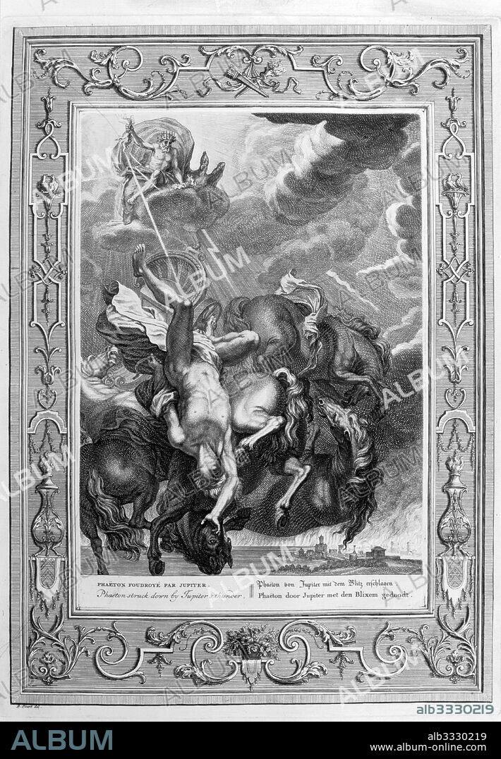 The Fall of Phaeton. Engraving depicting Jason and the Argonuats. Engraved illustration from 'The Temple of the Muses', 1733. This book represented remarkable events of antiquity drawn and engraved by Bernard Picart (1673-1733).