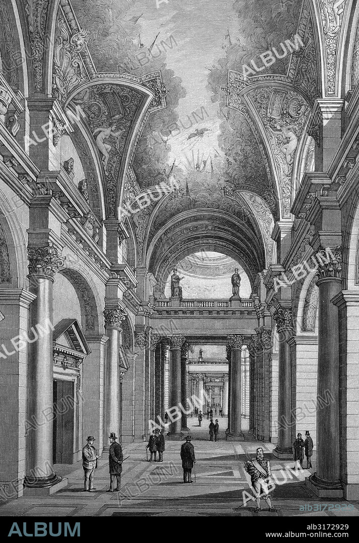 Lobby of the reichstag building in berlin, germany, historical illustration, ca. 1893.