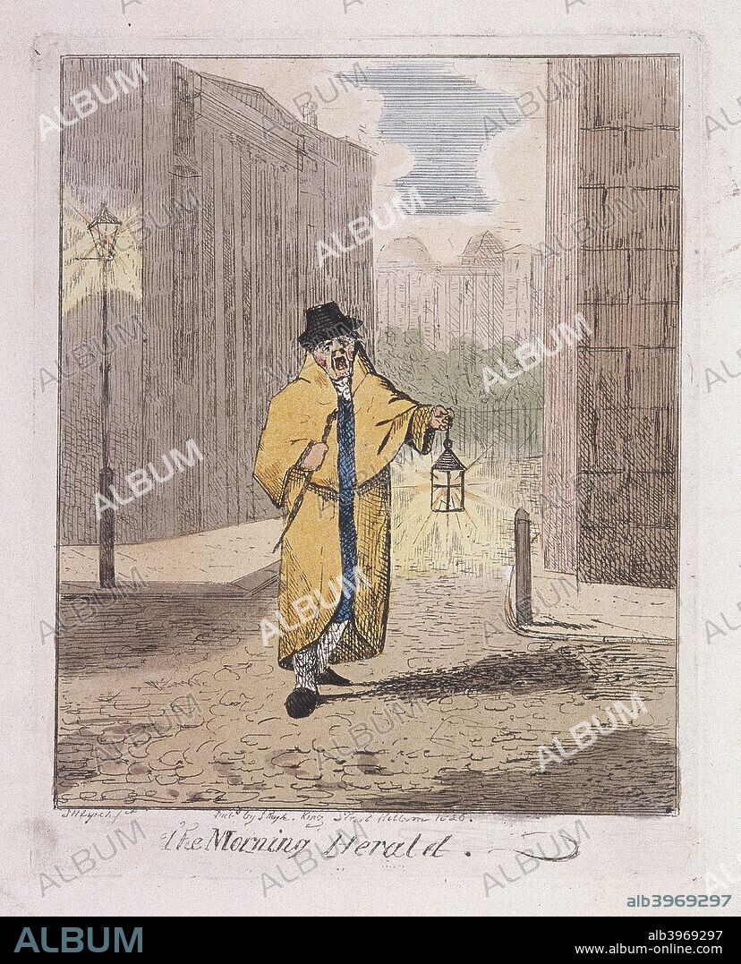 'The Morning Herald', 1826. A yawning night watchman wearing a yellow overcoat and carrying a cudgel and lantern. From Cries of London, 1826.