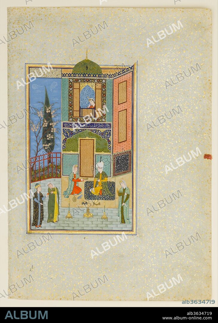 "Bahram Gur in the Green Palace on Monday", Folio from a Khamsa (Quintet) of Nizami. Author: Nizami (Ilyas Abu Muhammad Nizam al-Din of Ganja) (probably 1141-1217). Dimensions: Painting: H. 7 1/4 in. (18.4 cm)
 W. 5 in. (12.7 cm)
Page: H. 12 3/4 in. (32.4 cm)
 W. 8 5/8 in. (21.9 cm)
Mat: H. 19 1/4 in. (48.9 cm)
 W. 14 1/4 in. (36.2 cm). Date: A.H. 931/A.D. 1524-25.
The Haft Paikar (Seven Portraits) is one of the five poems of the Khamsa of Nizami.  The poetry is mystical, illustrating the supremacy of divine love over earthly pleasures.  In the story, Bahram Gur marries seven princesses from the seven regions of the world and visits each one in her own pavilion on successive nights. Here, he and the princess of Khorezm are seated in the garden pavilion of the green palace.  The surrounding objects provide a glimpse of the luxury goods of the early sixteenth century.  Although this manuscript was completed during the Safavid period, it displays a continuity with the painting styles of Timurid Herat.