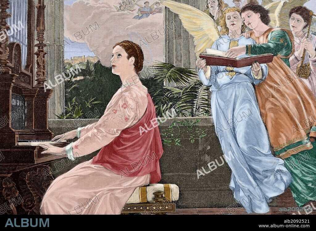 Saint Cecilia (d. 232). Roman virgin and martyr, patroness of musicians. Engraving by G. Heuer & Kirmse. The Evening. Illustrated Weekly, 1893. Colored.
