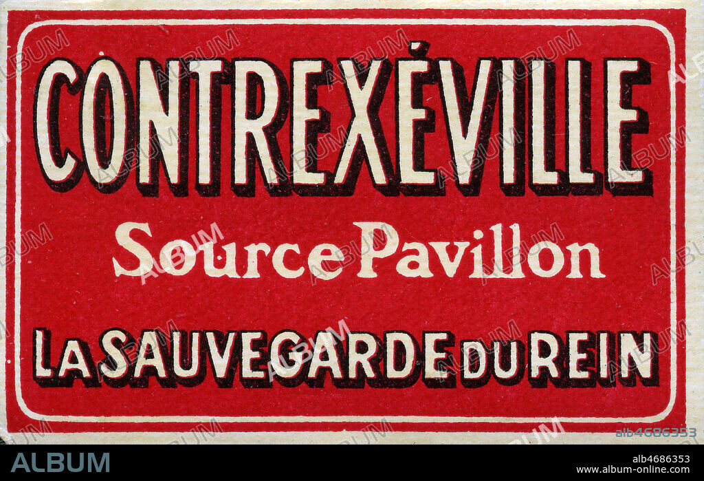 Etiquette pour une bouteille d'eau minerale Contrexeville Source Pavillon, la sauvegarde du Rein, vers 1900. Credit Collection IM/KHARBINE TAPABOR.