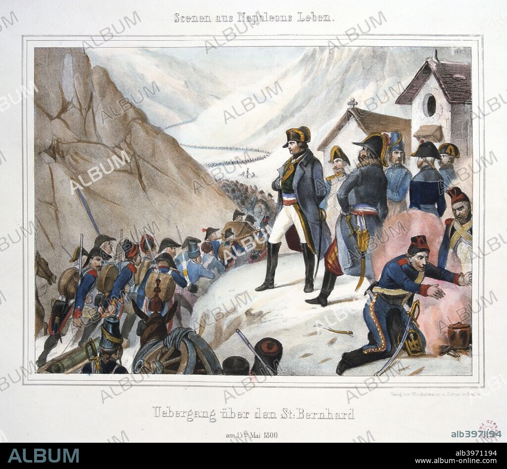 'Crossing St Bernard', 15 May, 1800. Napoleon directing his troops through the Saint Bernard pass in the Alps. One of Bonaparte's first aims was to regain the territories lost in Italy. Only Massena remained on Italian soil, and he was trapped in Genoa which was under siege. With the Austrians forcing the French through Nice on the Cote d'Ázur, Bonaparte decided on a daring campaign that would see his army cross the Alps and, hopefully, surprise the enemy and cut them off from their homeland.