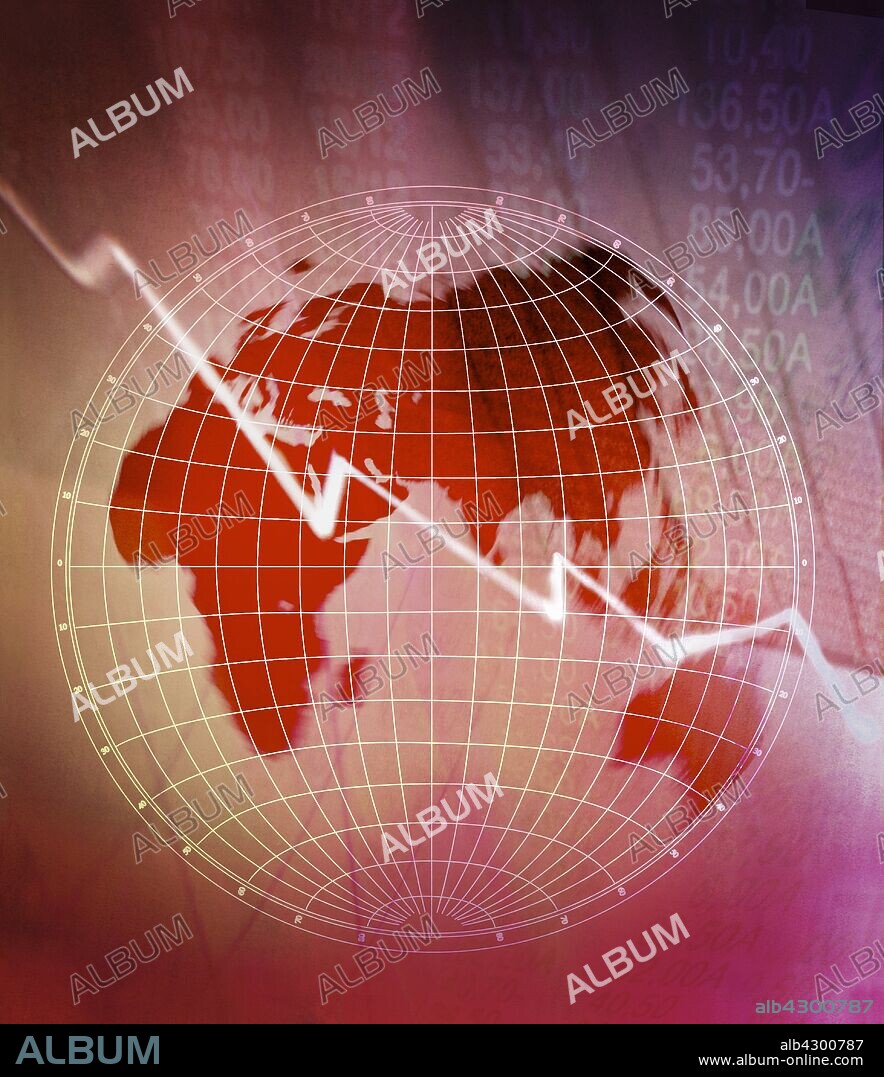 Descending line graph over globe with stock market listings.