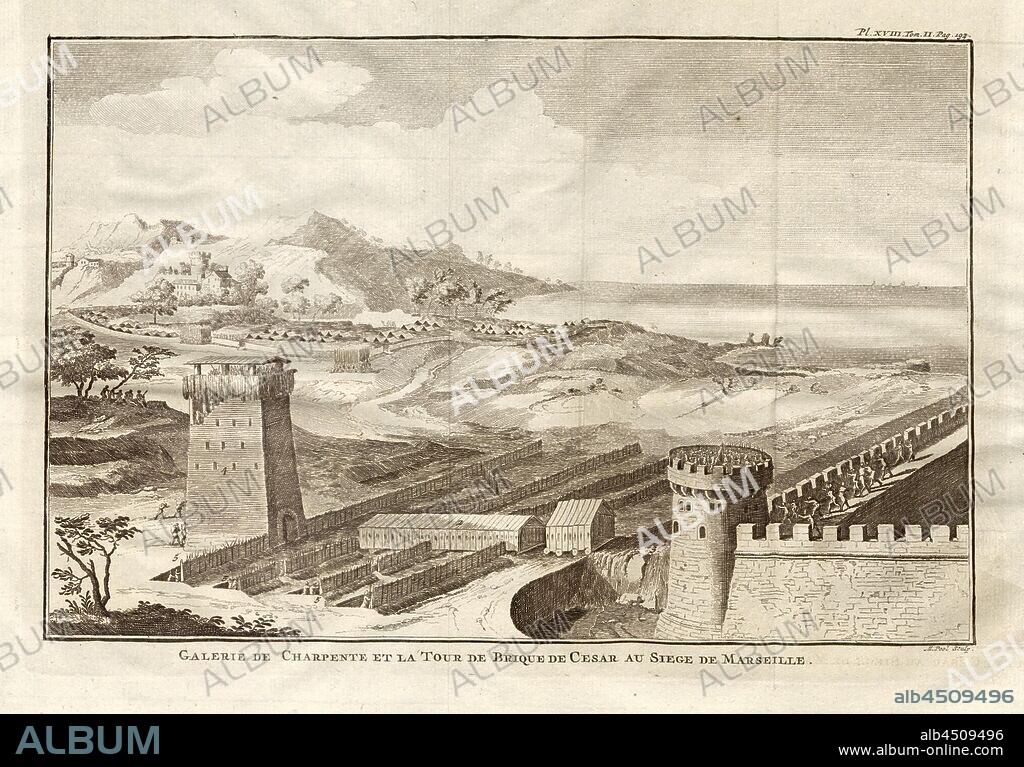 Framing gallery and the Cesar brick tower at the Marseille headquarters, Siege of Marseille with the stone tower and wooden gallery of the besiegers, signed: M. Pool sculp, Pl. XVIII, Tom., II. Pag., 192, after p. 192, Pool, M. (sculp.), 1774, Polybius; Vincent Thuillier; Jean Charles de Folard: Histoire de Polybe. Tome 2; Amsterdam: Arkstée et Merkus, MDCCLXXIV [1774].
