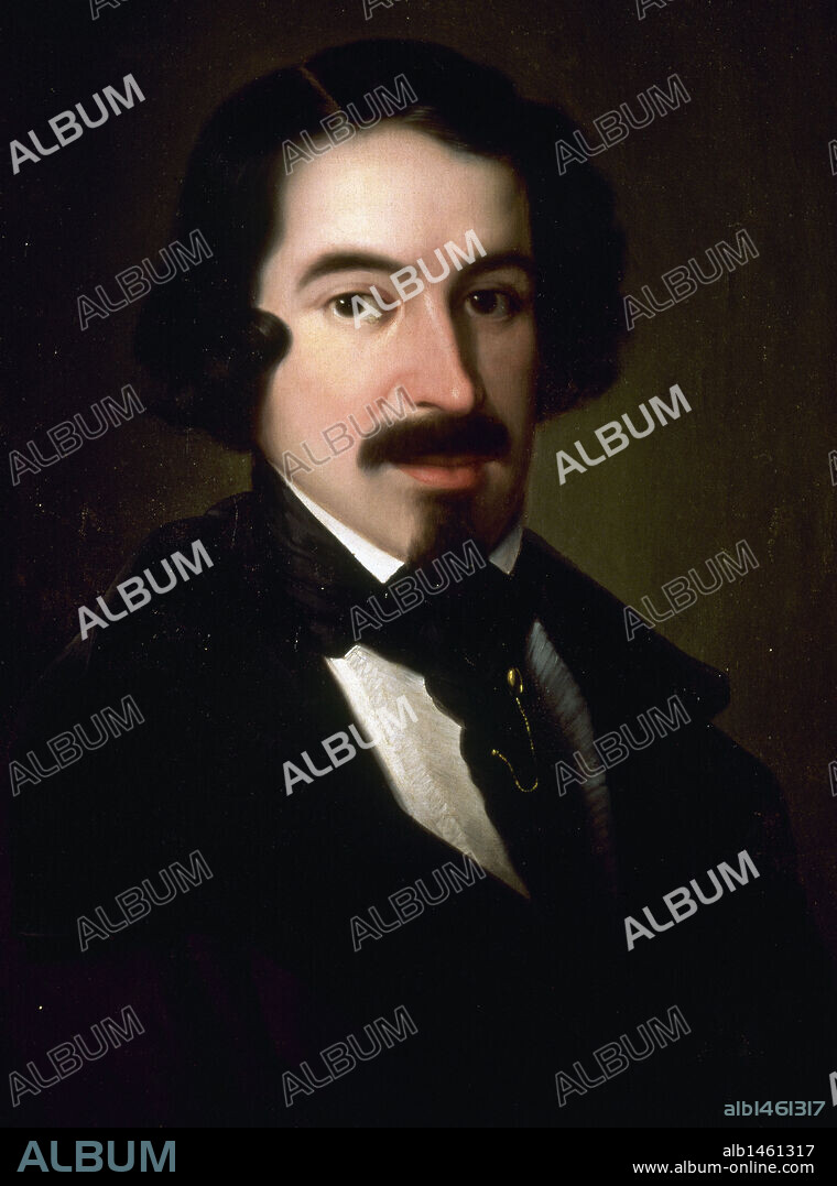 ESPRONCEDA, José de (Almendralejo, 1808-Madrid, 1842). Poeta romántico español. Escribió, entre otras obras, "Canciones", "El estudiante de Salamanca" "A Jarifa" y "Poesias" (1840). Oleo de Antonio María ESQUIVEL. Biblioteca Nacional. Madrid. España.