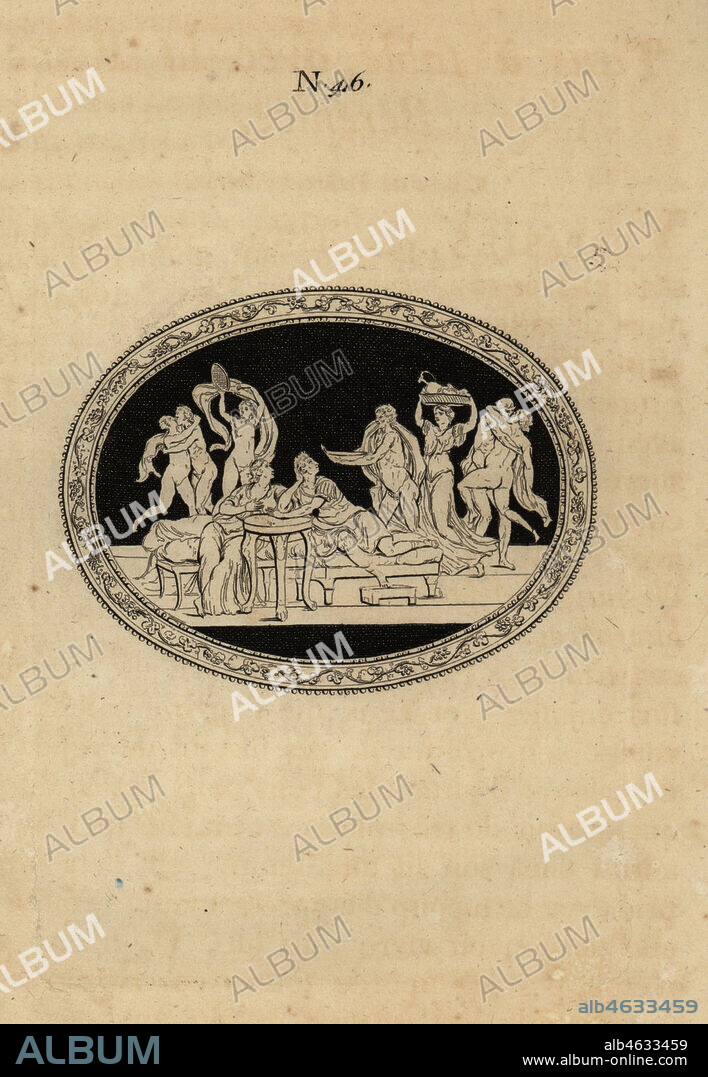 Emperor Titus at a banquet with the Jewish queen Berenice of Cilicia. Nude slaves bring dishes, while others dance and copulate. Titus a table avec la Reine Berenice. Copperplate engraving from Pierre-Francois d'Hancarvilles Monumens de la Vie Privee des Douze Cesars, Chez Sabellus, Capri (Monuments of the Private Lives of 12 Caesars, Leclerc, Nancy) 1780. From imaginary Spintria, medals and cameos.