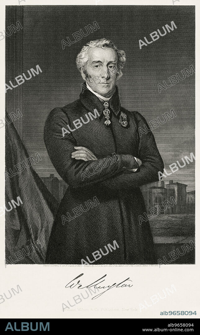 Arthur Wellesley (1769-1852), 1st Duke of Wellington, Leading British Military and Political Figure, serving twice as Prime Minister of the United Kingdom 1828-30, 1834-34, Three-Quarter Length Portrait, Steel Engraving, Portrait Gallery of Eminent Men and Women of Europe and America by Evert A. Duyckinck, Published by Henry J. Johnson, Johnson, Wilson & Company, New York, 1873.