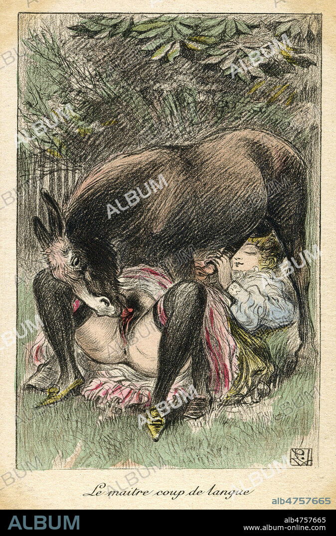 'Le maitre coup de langue' : un ane leche le sexe d'une femme qui le masturbe. Illustration zoophile pour une carte postale vers 1910. Credit : Collection IM/KHARBINE-TAPABOR.
