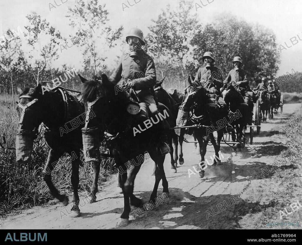 German cavalry advancing. German cavalry unit with horses and soldiers with gas masks advancing during the Second Battle of Aisne. Soissons, June 1918.