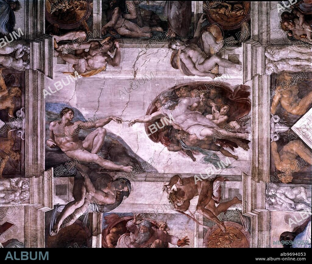 Hands of God and Adam in the centre of The Creation of Adam, from the Sistine Ceiling, 1511 (fresco) (post-restoration) . Artist Buonarroti, Michelangelo (1475-1564) . Location Vatican Museums and Galleries, Vatican City, Italy . Michelangelo di Lodovico Buonarroti Simoni, commonly known as Michelangelo, (March 6, 1475 - February 18, 1564) was a Renaissance sculptor, architect, painter, and poet. Michelangelo is famous for creating the fresco ceiling of the Sistine Chapel,. ©TopFoto.