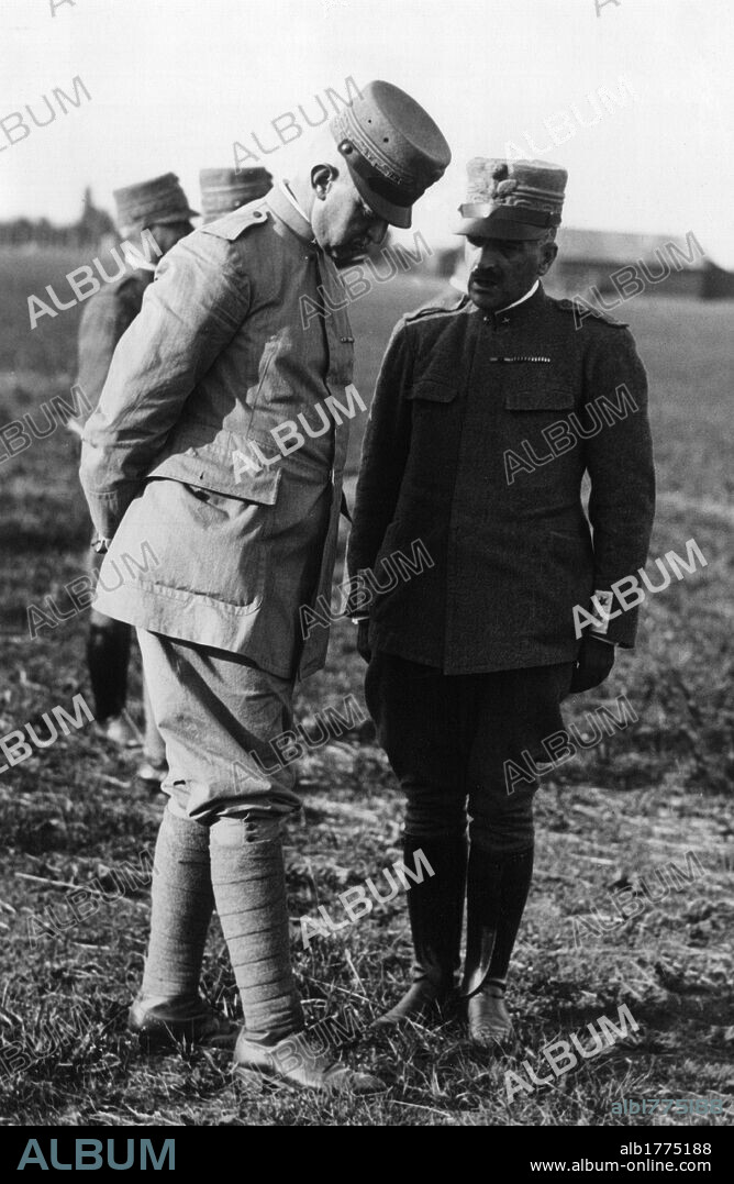Armando Diaz with Emanuele Filiberto Duke of Aosta. General Armando Diaz talking to Emmanuel Philibert, Duke of Aosta. Italy, 1917.