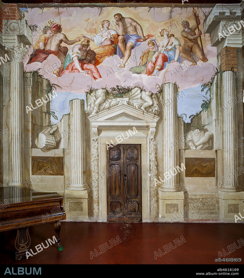 Lonedo di Lugo of Vicenza, Villa Godi Malinverni: the Room of Olympus. Some gods and goddesses are lying on clouds, above architectural ruins. In the centre Jupiter and Juno, then Cybele (goddess of architecture with a tower on the head), Ceres (goddess of harvest with a bundle of ears), Mercury, Cronus (god of time with the scythe), Diana (goddess of hunting with the bow). Frescoes by Giovanni Battista Zelotti, ca 1557.