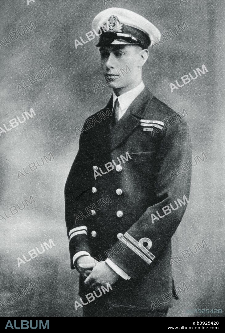 Prince Albert in the uniform of a lieutenant in the Royal Navy, 1918. The future King George VI (1895-1902) served in the Navy from 1910 until 1918, seeing action during World War I at the Battle of Jutland on board HMS 'Collingwood'. A photograph from the Illustrated London News: Coronation Record Number, (London, 1937).