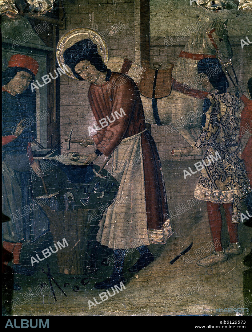 ANÓNIMO. RETABLO DE SAN SEBASTIAN - DETALLE DE SAN ELOY TRABAJANDO DE HERRERO - PINTURA GOTICA ESPAÑOLA.