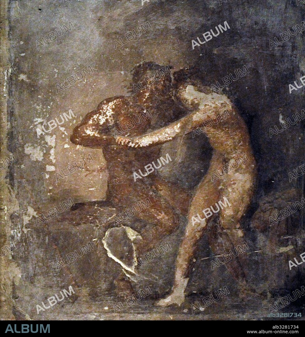 Fresco romano. Sátiro Y hermafrodita. Procedente de Herculano. Fechada hacia el 1-50 d. C. Temática erótica. Gabinete Secreto. Museo Arqueológico Nacional. Nápoles. Italia.