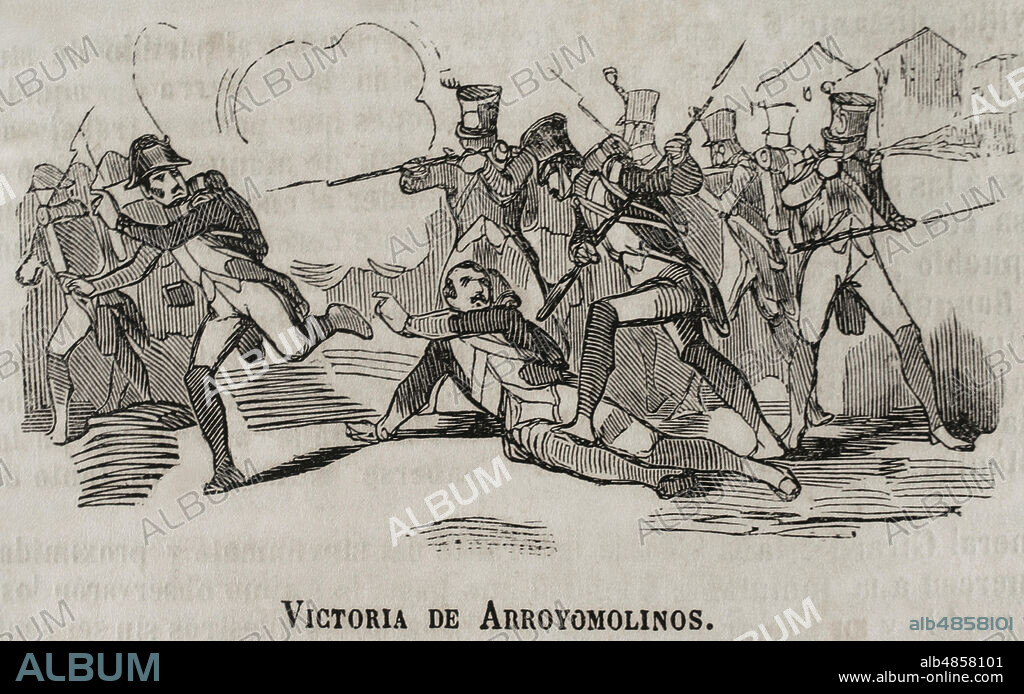 Guerra de la Independencia Española (1808-1814). Batalla de Arroyomolinos (28 de octubre de 1811). Importante victoria del ejército aliado anglo-hispano-portugués, sobre las tropas francesas en la localidad cacereña de Arroyomolinos de Montánchez. Grabado. Victoria de Arroyomolinos. Historia del Levantamietno, Guerra y Revolución de España, por el Conde de Toreno. Madrid,1851.
