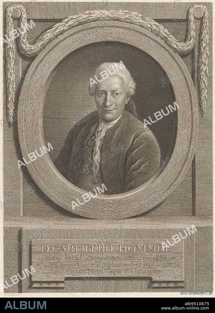 Portrait of Carl Ferdinand Hommel, Johann Friedrich Bause, after Anton Graff, 1783, print maker: Johann Friedrich Bause, (mentioned on object), after: Anton Graff, (mentioned on object), Leipzig, 1783, paper, engraving, etching, h 295 mm × w 214 mm.