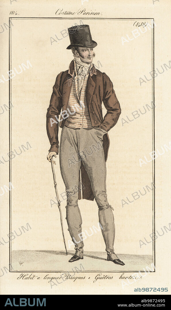 French gentleman in top hat, frock coat with long tails, striped waistcoat, trousers with high gaiters. Habit a longues Basques, Guetres hautes. Handcoloured copperplate engraving by Pierre-Charles Baquoy after a fashion plate by Horace Vernet from Pierre de la Mesangeres Journal des Dames et des Modes, Magazine of Women and Fashion, Paris, 1814.