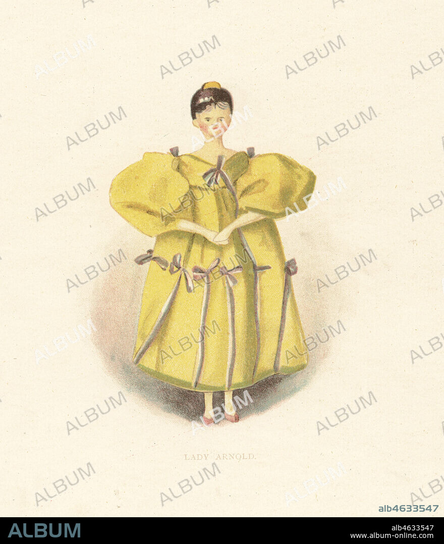 Doll of courtier Lady Maria Arnold. Wooden doll dressed by the young Princess Victoria. Color plate after an illustration by Alan Wright from Frances H. Lows Queen Victorias Dolls, George Newness, London, 1894.