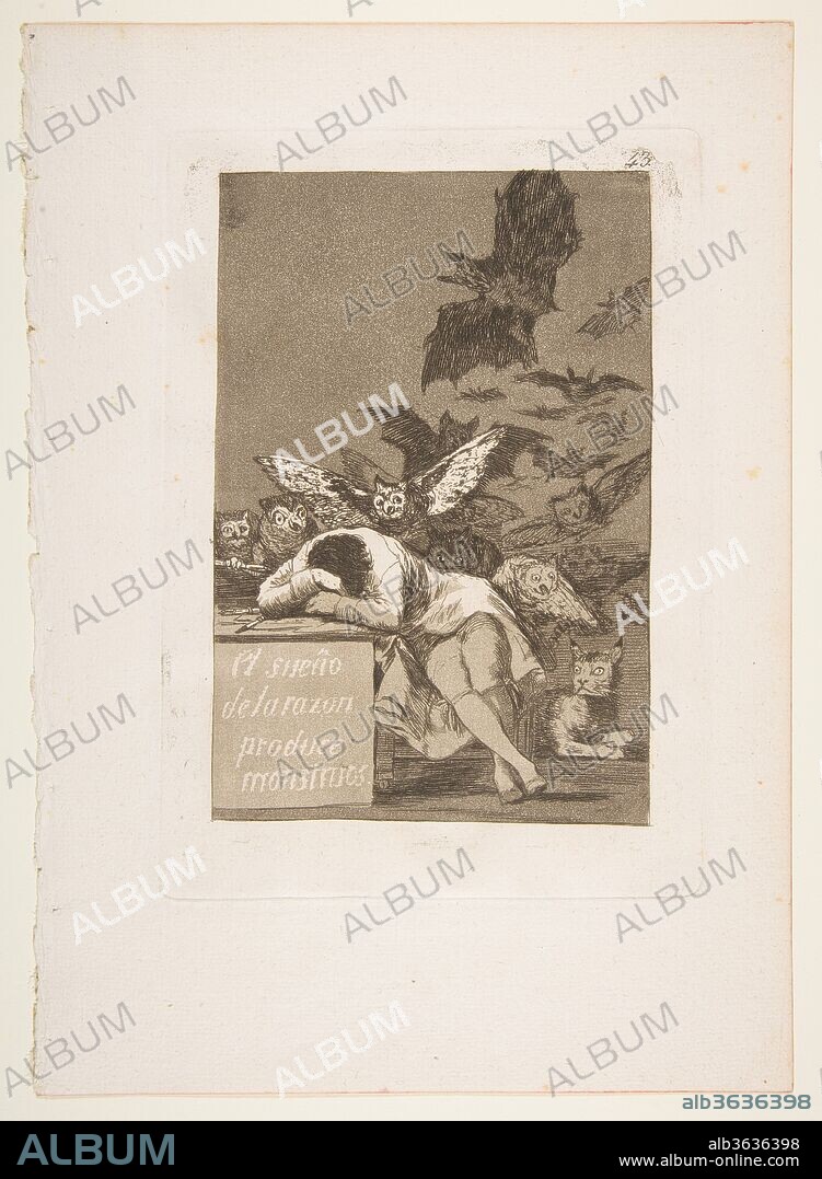 Plate 43 from 'Los Caprichos': The sleep of reason produces monsters (El sueño de la razon produce monstruos). Artist: Goya (Francisco de Goya y Lucientes) (Spanish, Fuendetodos 1746-1828 Bordeaux). Dimensions: Plate: 8 3/8 x 5 15/16 in. (21.2 x 15.1 cm)
Sheet: 11 5/8 x 8 1/4 in. (29.5 x 21 cm). Series/Portfolio: Los Caprichos. Date: 1799.
This is the best known image from Goya's series of 80 aquatint etchings published in 1799 known as 'Los Caprichos' that are generally understood as the artist's criticism of the society in which he lived. Goya worked on the series from around 1796-98 and many drawings for the prints survive. The inscription on the preparatory drawing for this print, now in the Prado Museum in Madrid, indicates that it was originally intended as the title page to the series. In the published edition, this print became plate 43, the number we can see in the top right corner. Nevertheless, it has come to symbolise the overall meaning of the series, what happens when reason is absent. Various animals including bats and owls fly above the sleeping artist, and at the lower right a lynx watches vigilantly alerting us to the rise of monstrous forces that we are able to control when sleep descends.