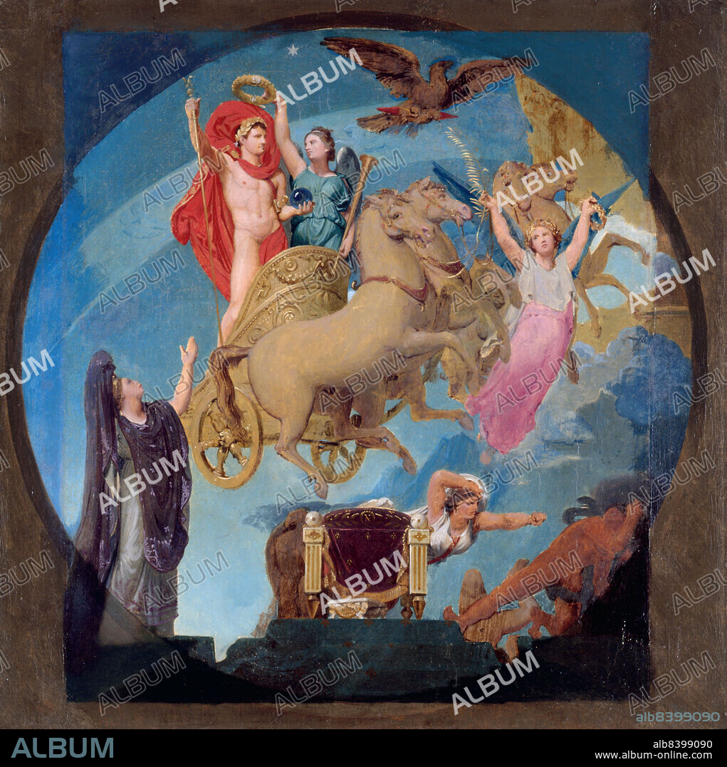 JEAN AUGUSTE DOMINIQUE INGRES. Esquisse pour l'Hôtel de Ville de Paris : Apothéose de Napoléon Ier, end of 1853. Apotheosis of Napoleon I: Fame crowns Napoleon I, portrayed as a Roman emperor wearing a golden laurel wreath and holding an orb, riding in a chariot. On the right is Victory. Below are allegorical figures of France and Anarchy with Nemesis, goddess of revenge.