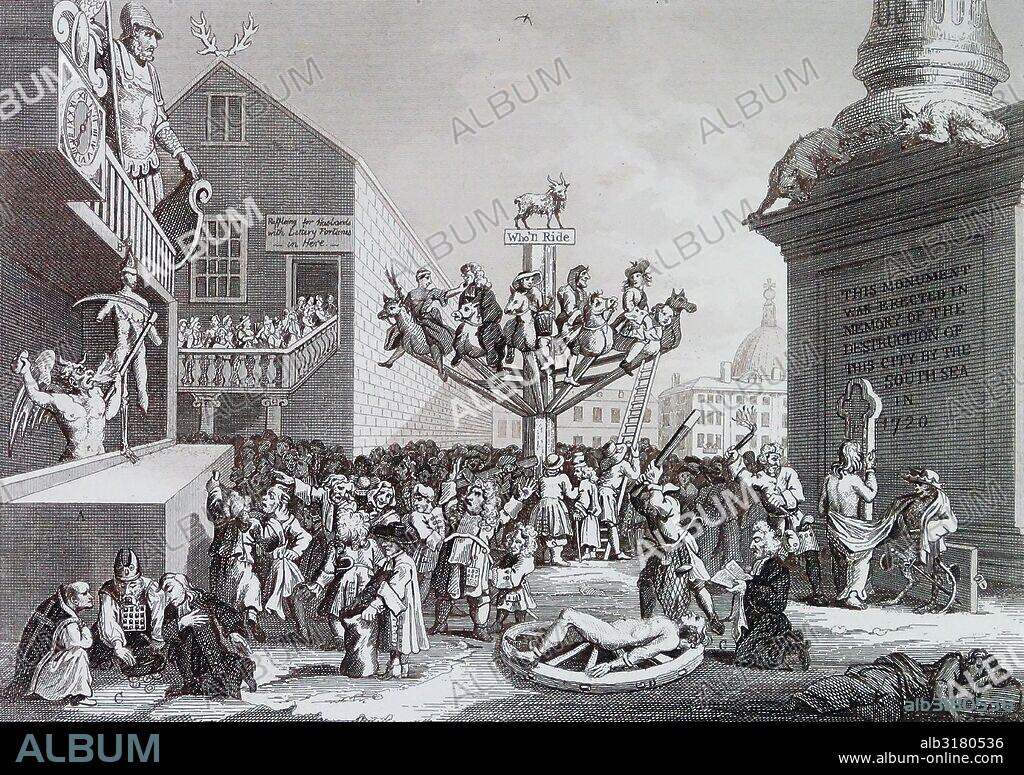 Emblematical Print on the South Sea Scheme (also known as The South Sea Scheme) is an early print by William Hogarth, created in 1721 and widely published from 1724. It caricatures the financial speculation, corruption and credulity that caused the South Sea Bubble in England in 1720–1. William Hogarth (1697 – 1764). English painter, printmaker, pictorial satirist.