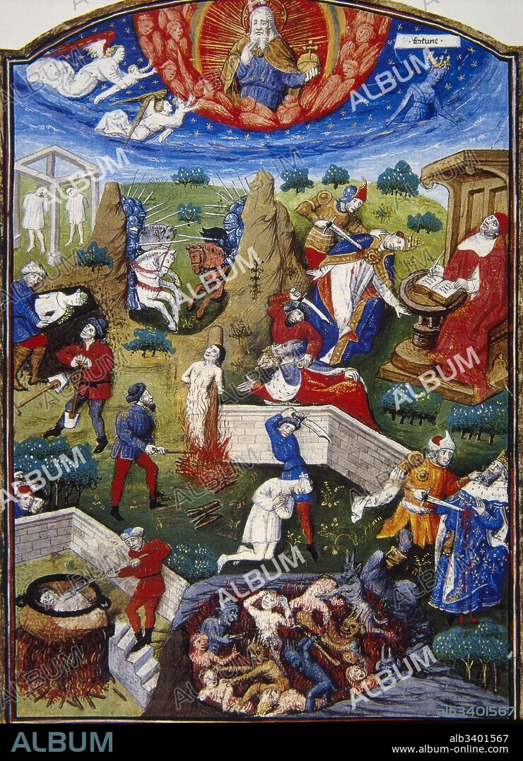 De Casibus Virorum Illustrium, 1355-1374 by Giovanni Boccaccio. translated into french by Laurent de Premierfait (1370-1418). Illuminated by Master Dunois (15th century). Scene of torture in the eyes of God. Museum Conde. Chantilly. France.