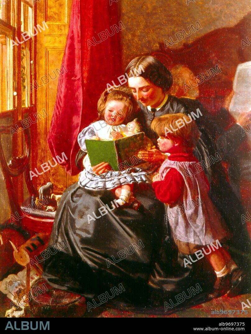 Mother and Children Reading. painting by Arthur Boyd Houghton. Arthur Boyd Houghton (1836, India - 1875, England) was a British painter (oil and watercolours) and illustrator. His work was varied and was revered during the mid-19th century. He travelled to America and Russia, creating illustrations for The Graphic and for numerous books, including The Arabian Nights and Don Quixote. His work was strongly influenced by the Pre-Raphaelite Brotherhood. ©TopFoto.