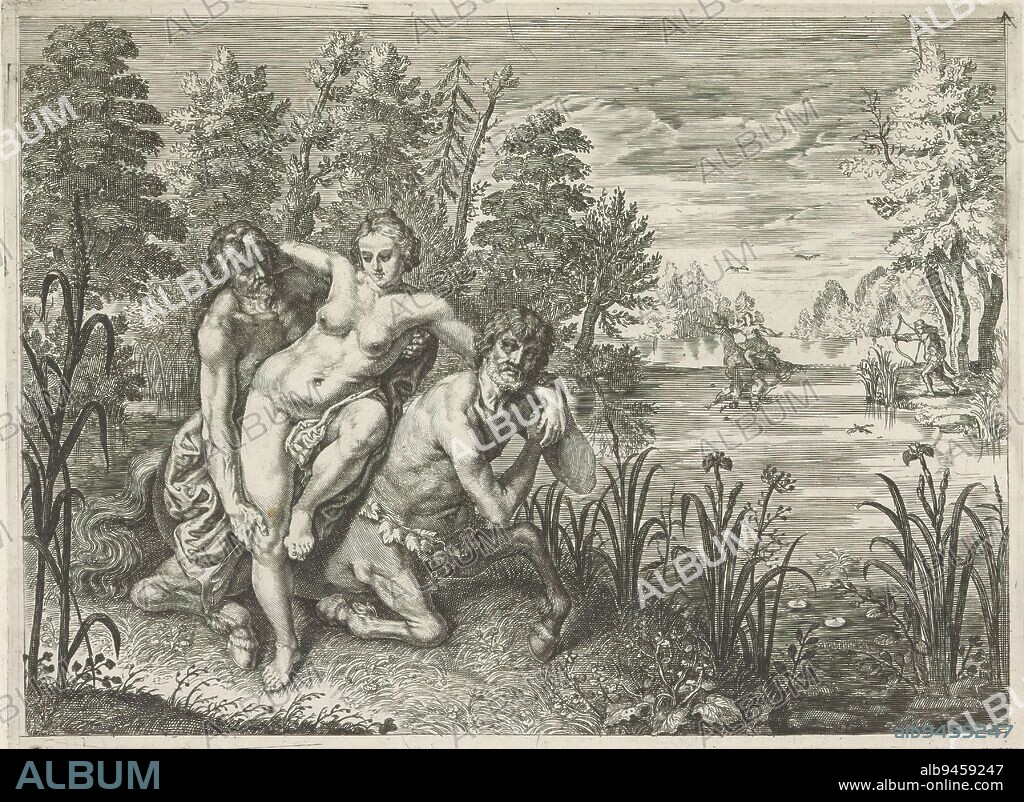 Nessus puts Deïanira across the river, Metamorphoses of Ovid (series title), Hercules helps his beloved Deïanira on the back of the centaur Nessus, the ferryman who is to take her across. In the background, Nessus tries to kidnap her halfway across the river, after which Hercules shoots him dead., print maker: Crispijn van de Passe (II), publisher: Crispijn van de Passe (II), (attributed to), c. 1636 - 1670, paper, engraving, height 163 mm × width 223 mm.