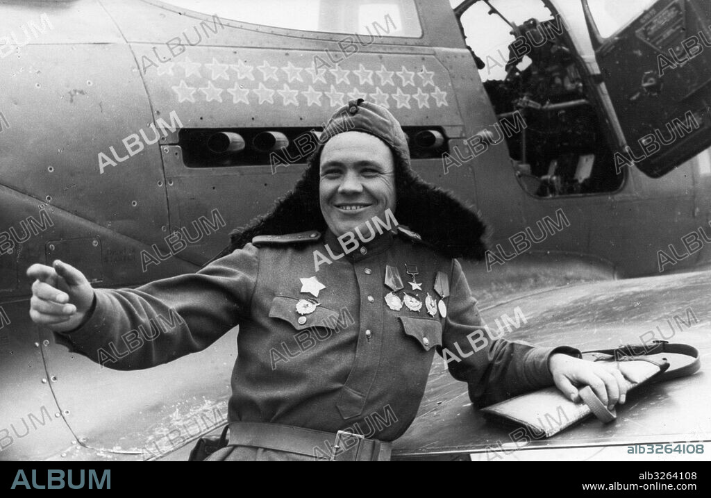 World War Two. April 1945. Fighter pilot Hero of the Soviet Union, Captain of the Guards P. Chepinog, who has shot down 24 German aircraft.