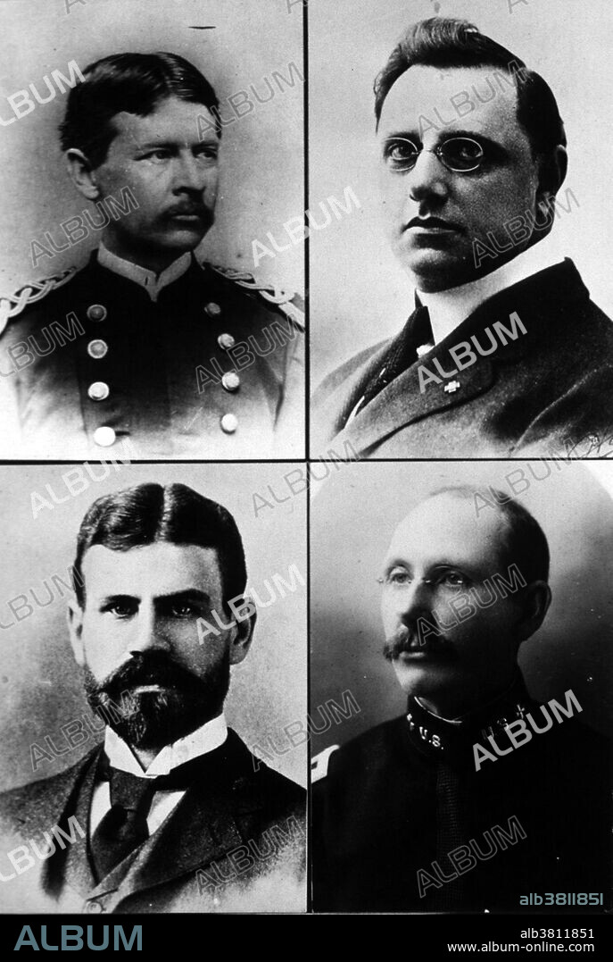 Top left hand corner, Walter Reed, top right hand corner, Aristedes Agramonte, bottom left, Jesse Lazear, bottom right, James Carroll. Walter Reed, (1851-1902) was a U.S. Army physician who in 1900 led the team that postulated and confirmed the theory that yellow fever is transmitted by a particular mosquito species, rather than by direct contact. This insight gave impetus to the new fields of epidemiology and biomedicine, and most immediately allowed the resumption and completion of work on the Panama Canal (1904-1914) by the United States. Aristides Agramonte y Simoni (1868-1931) was an American physician, pathologist and bacteriologist with expertise in tropical medicine. Jesse William Lazear (1866-1900) was an American physician. Major James Carroll (854-1907) was a US Army physician. He and Lazear, subjected themselves to the bite of infectious mosquitoes, to test the theory that mosquitoes were carriers of yellow fever. The infection he contracted eventually killed him.