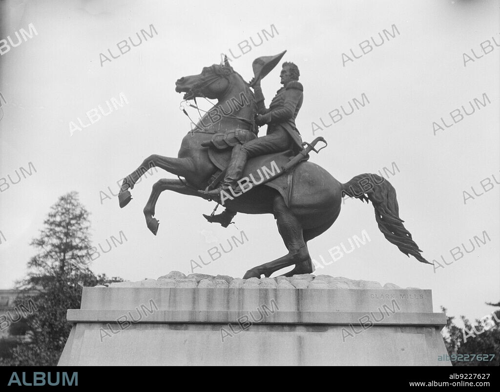 ARNOLD GENTHE. Equestrian statues in Washington, D.C., between 1911 and 1942. Sculpture of General Andrew Jackson by Clark Mills. Completed in 1852, this was the first bronze statue cast in the United States, and 'the first self-balanced rampant equestrian Statue in the World'.
