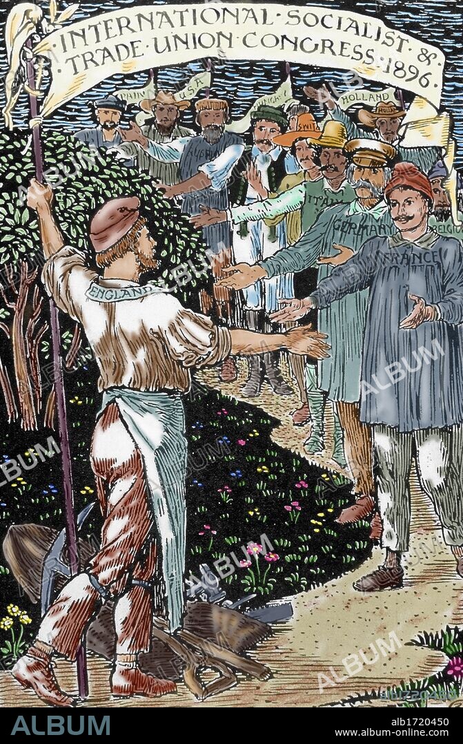 "TRADE-UNION". Primera organización sindical que surgió del desarrollo de la Revolución Industrial a finales del s. XIX en Gran Bretaña. Manifiesto publicado por el congreso mundial de Londres, 1896. Grabado coloreado.