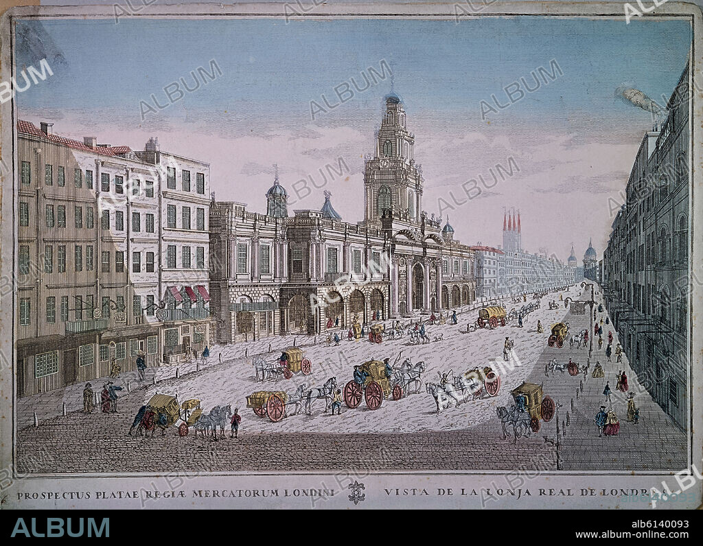 VISTA DE LA LONJA REAL DE LONDRES - HACIA 1780 - GRABADO COLOREADO.