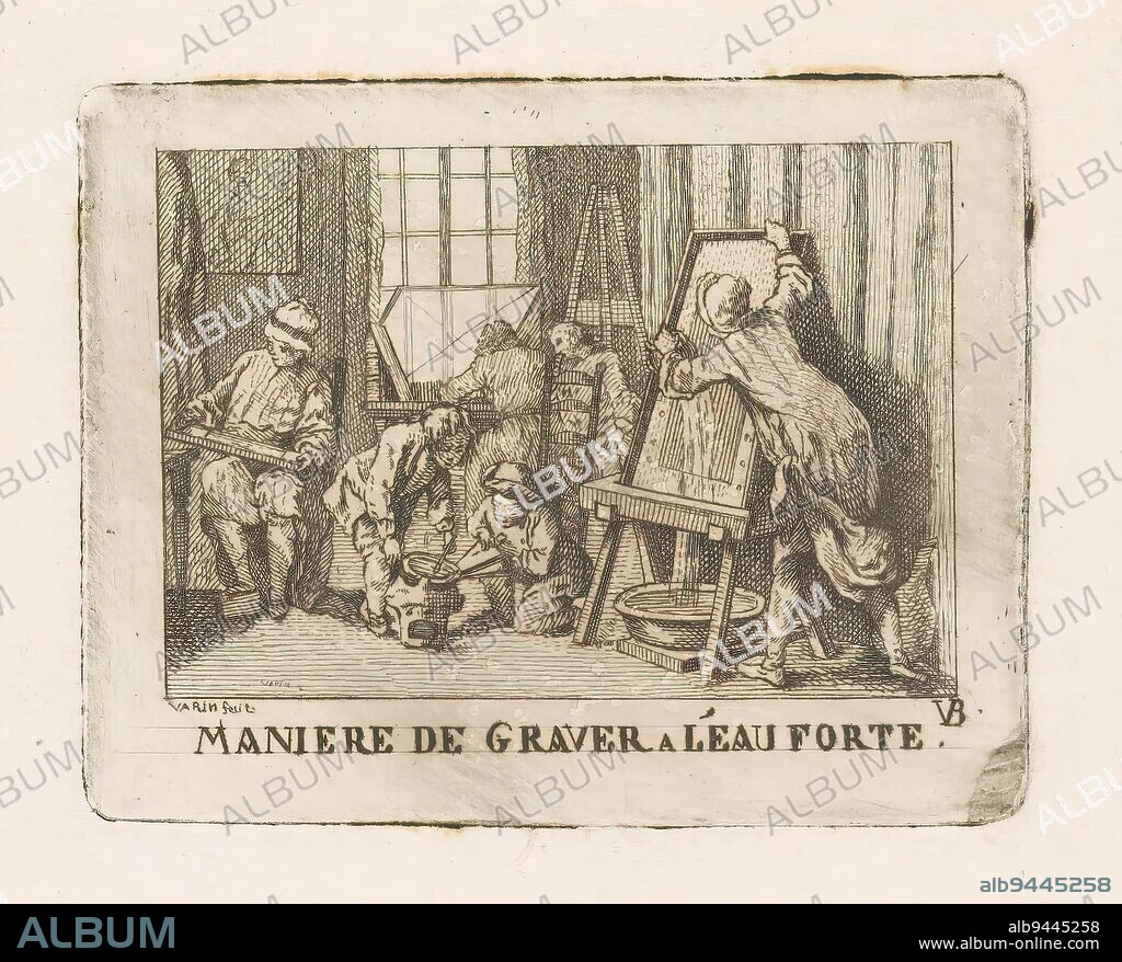 Atelier of a printmaker, Maniere de graver a l'eau forte (title on object), Two children warm up printing ink, a man gives an etching plate an acid bath, in front of the window a printmaker at work., print maker: Varin, (mentioned on object), after print by: Etienne Fessard, after design by: Charles Nicolas Cochin (II), in or after 1745 - c. 1850, paper, etching, height 73 mm × width 92 mm.
