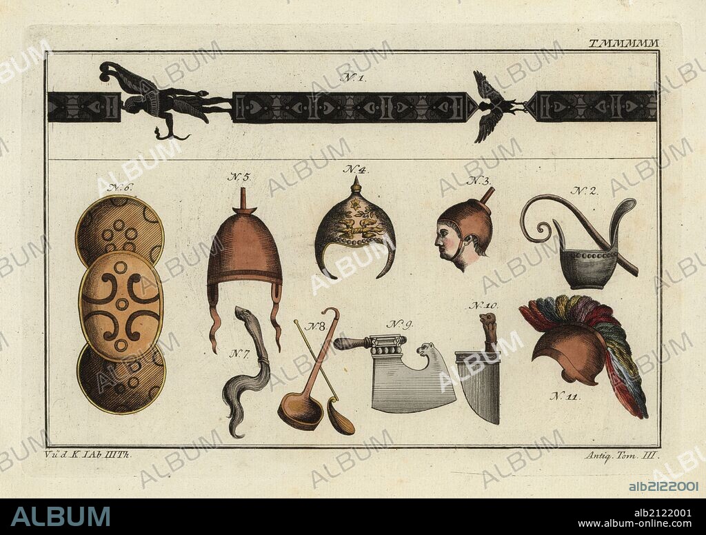 Grotesque painting, augur’s baton, bonnet of a Roman flamen (priest), bonnet of a flamen of Jupiter, bonnet and shield of Salii, leaping priests of Mars, aspersorium, incense ladle, sacrificial axe and knife, and Etruscan helmet. Handcoloured copperplate engraving from Robert von Spalart's "Historical Picture of the Costumes of the Principal People of Antiquity and of the Middle Ages," Chez Collignon, Metz, 1810.