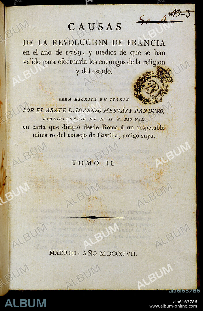 LORENZO HERVAS Y PANDURO. CAUSAS DE LA REVOLUCION DE FRANCIA DE 1789-PORTADA - 1807.