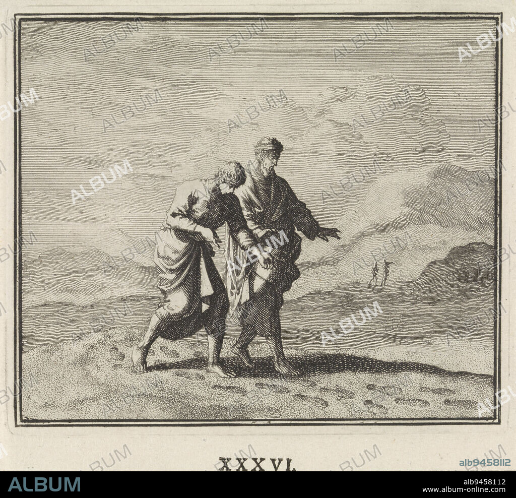 Two travelers in a desert. They are following footsteps in the sand., Emblem: sand Two travelers in a desert, print maker: Jan Luyken, publisher: Christoph Weigel, print maker: Amsterdam, publisher: Neurenberg, 1695 - 1705, paper, etching, h 110 mm × w 124 mm.