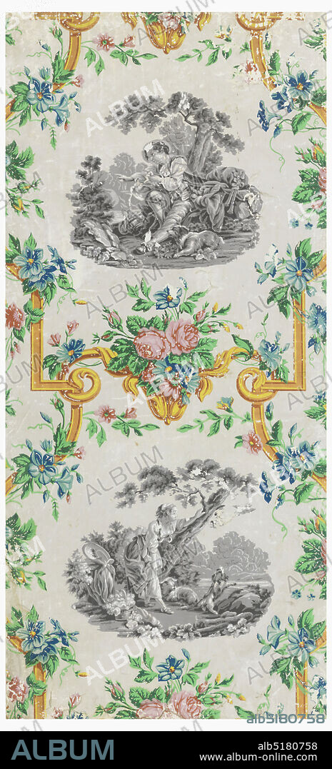 Sidewall, François Boucher, French, 1703 1770, Block-printed paper, Vertical rectangle. Bright yellow scrollwork frame entwined by floral festoons, enclosing grisaille scenes after Boucher; one derived from his picture 'L'Arrive du Courier.' Printed in colors on putty-colored ground., France, 1840s, Wallcoverings, Sidewall.
