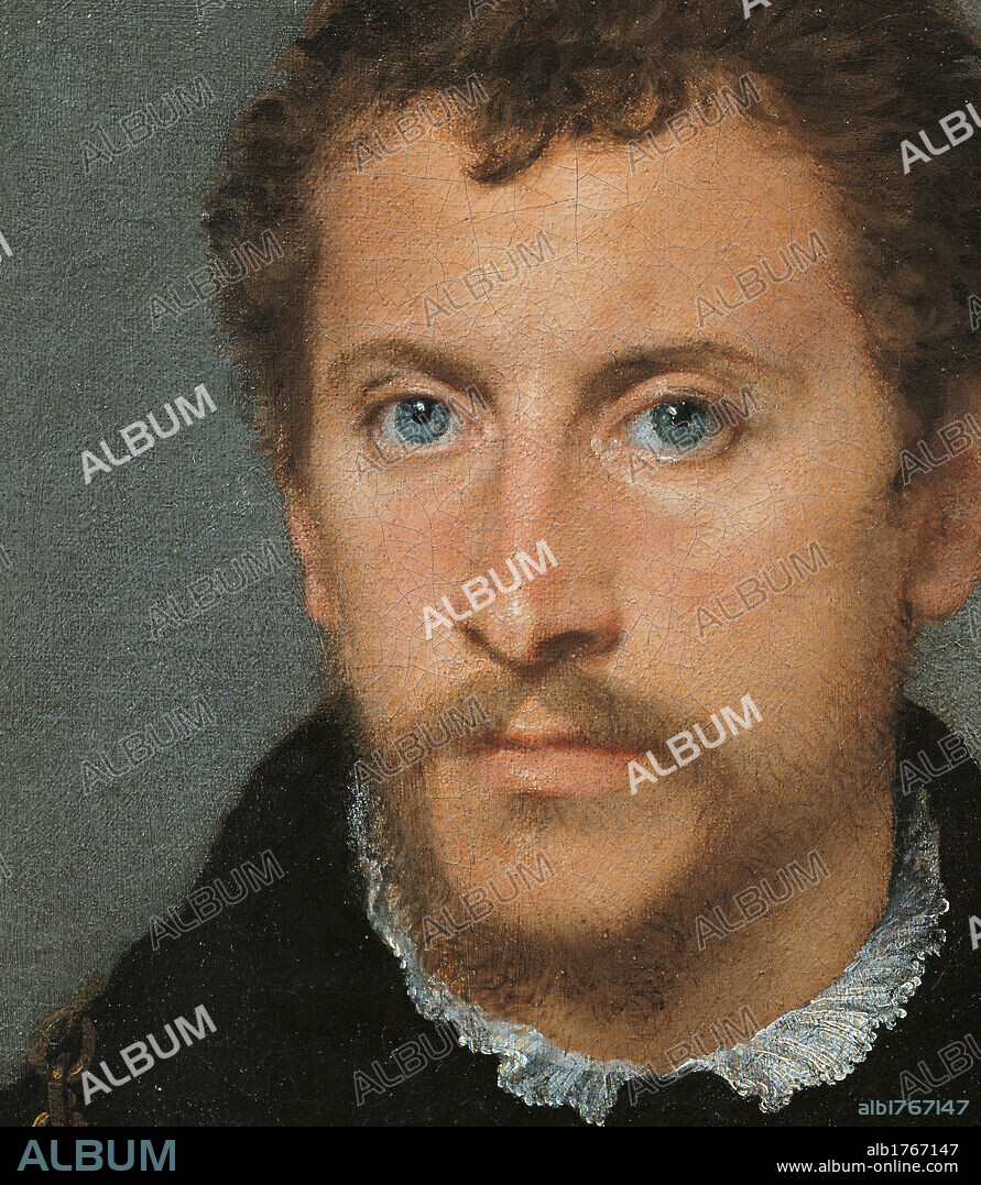 The Young Englishman, by Tiziano Vecellio known as Titian, 1525 about, 16th Century, oil on canvas, cm 112 x 95. Italy, Tuscany, Florence, Palazzo Pitti, Palatine Gallery. Detail. Mans face, his complexion skin is pale and his eyes are light colored. The background is pearl gray. Authorization required for non editorial use.