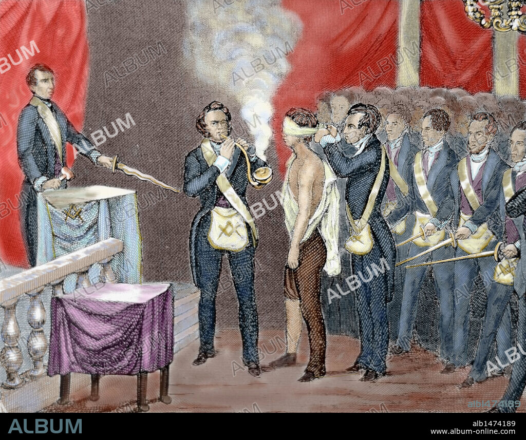Secret Societies (nineteenth century). Initiation ceremony of a new member. Colored engraving.
