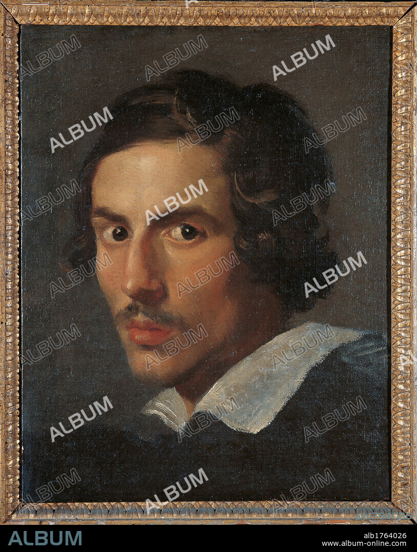 Self portrait as a Young Man, by Gian Lorenzo Bernini, 1622-1623 about, 17th Century, oil on canvas, cm 39 x 31. Italy, Lazio, Rome, Borghese Gallery. All. Mans head facing viewer bright colors light high forehead aquiline nose brown hair and moustache dark suit white collar. Authorization required for non editorial use.